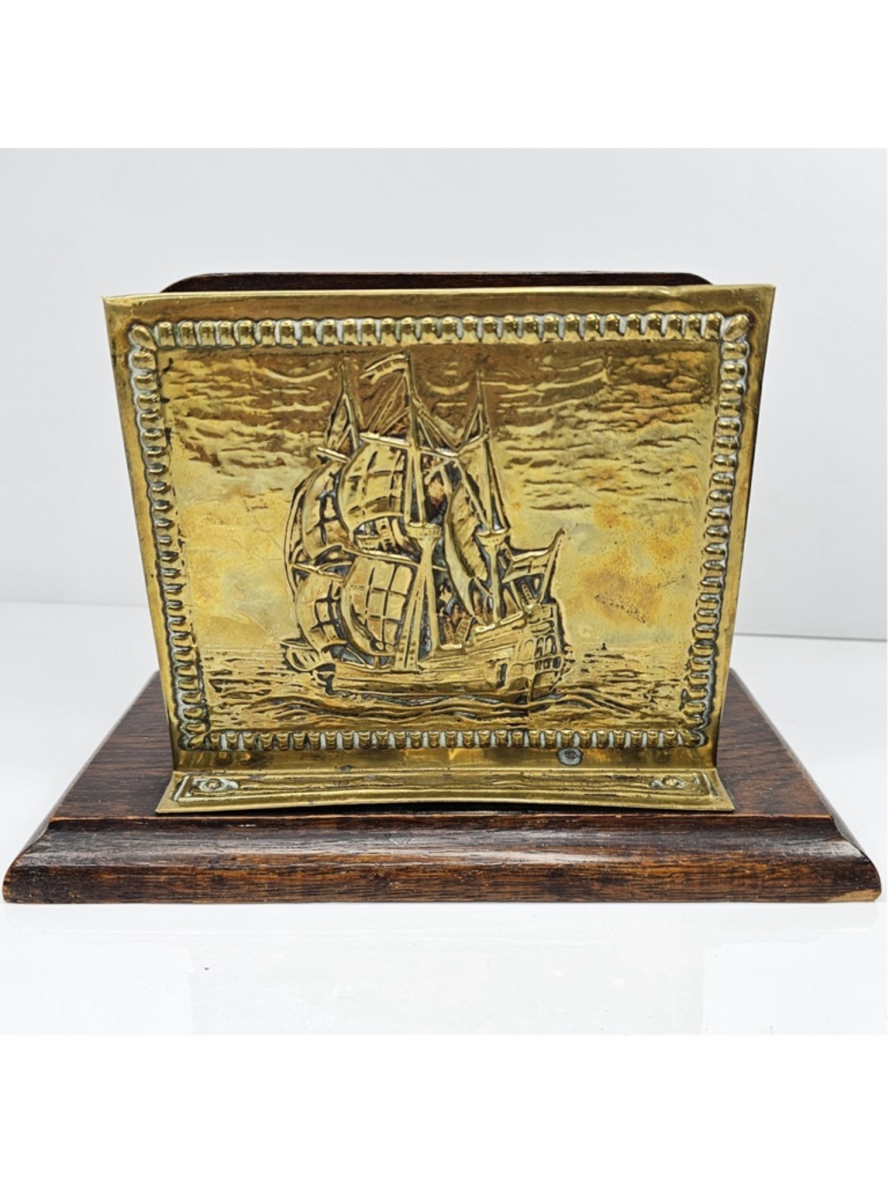 Vintage Brass Sailing Ship Letter Holder Wood Base Nautical Desk Organizer